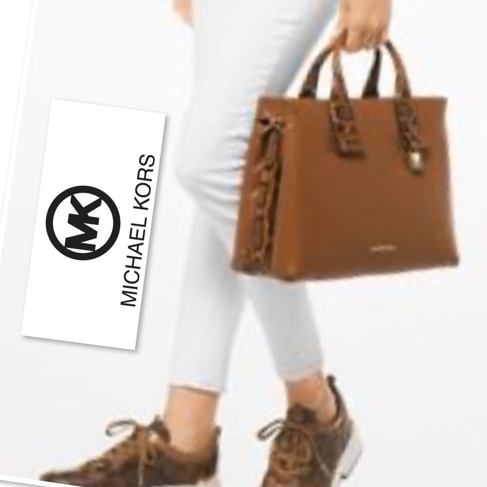 MICHAEL KORS Rollins Python and Tan Acron Leather Satchell Purse Chestnut Brown